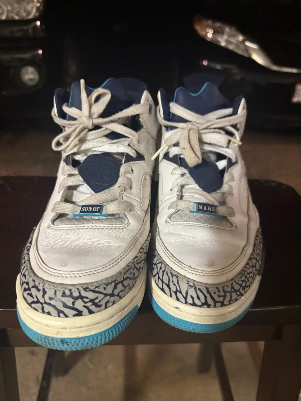 Jordan Kids White Leather Sneakers with Navy & Light Blue Accents